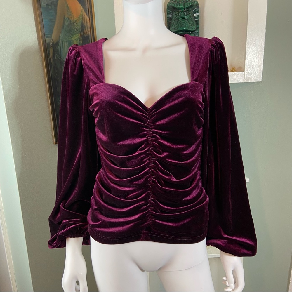BCBGeneration Velvet Ruched Sweetheart Blouse Top Shirt Small S Balloon Sleeve